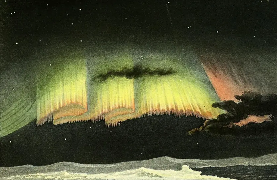 Dark sky with colorful bands of aurora borealis (northern lights).