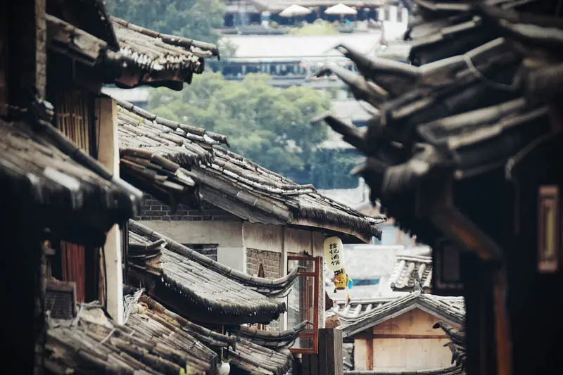 Close-up image of rooftops in a town in China.