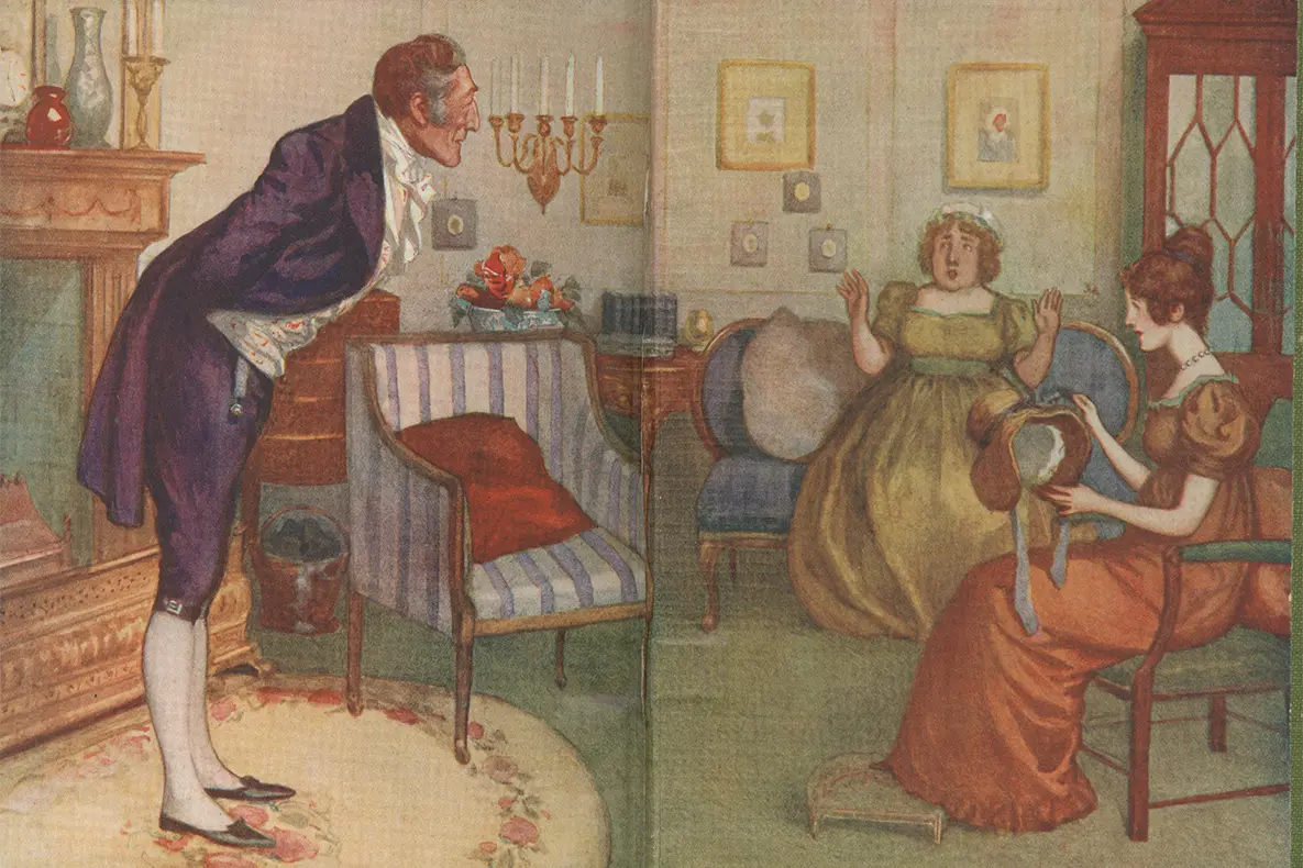 Illustration of a man in a petticoat leaving over talking to two seated women: one holds a hat and the other has her hands in the air.
